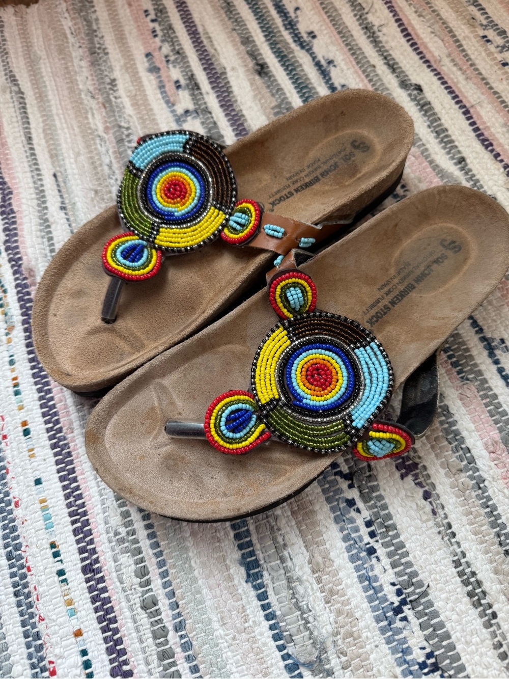 Sol John Birkenstock Beaded Thong Sandals - Blue Yellow Red Green Size 37 6/6.5